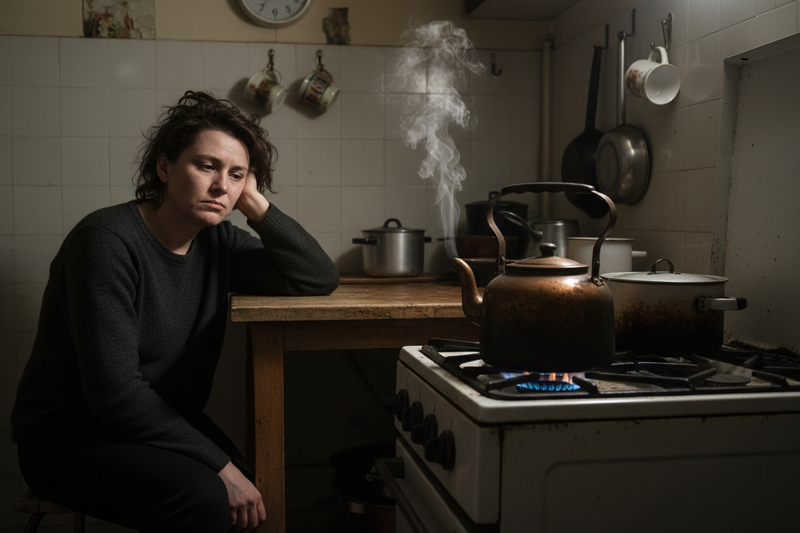 Tired person waiting for old kettle to boil